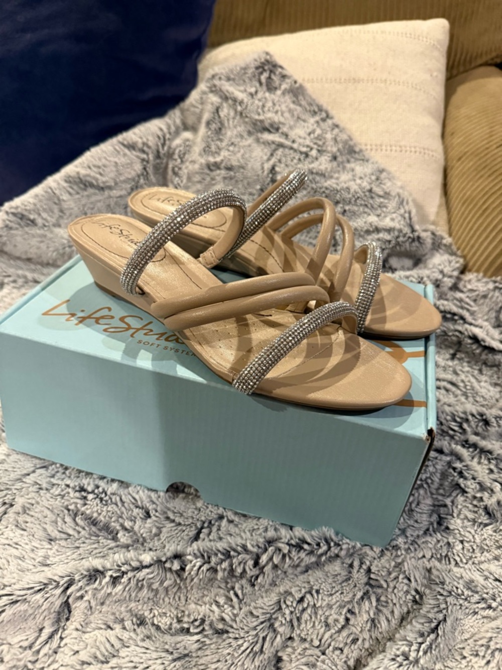 Life Stride Taupe Rhinestone Strappy Slide Sandals